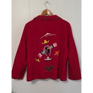 Vintage Lopez 100% Wool Red Embroidered Southwestern Cardigan Jacket M Unisex